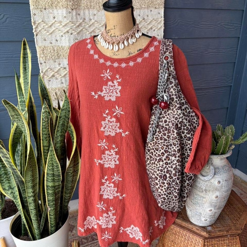 Rust orange embroidered mini dress with white floral embroidery boho cottagecore